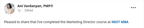 Screenshot of the opening of Ani Vardanyan’s LinkedIn post sharing completion of the LONED Marketing Director course. Open the source for her full post.