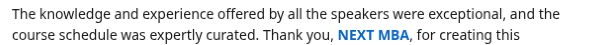 Screenshot excerpt from Anna Tsenova’s LinkedIn post praising the speakers’ knowledge and the course schedule. Open the source for the complete post.