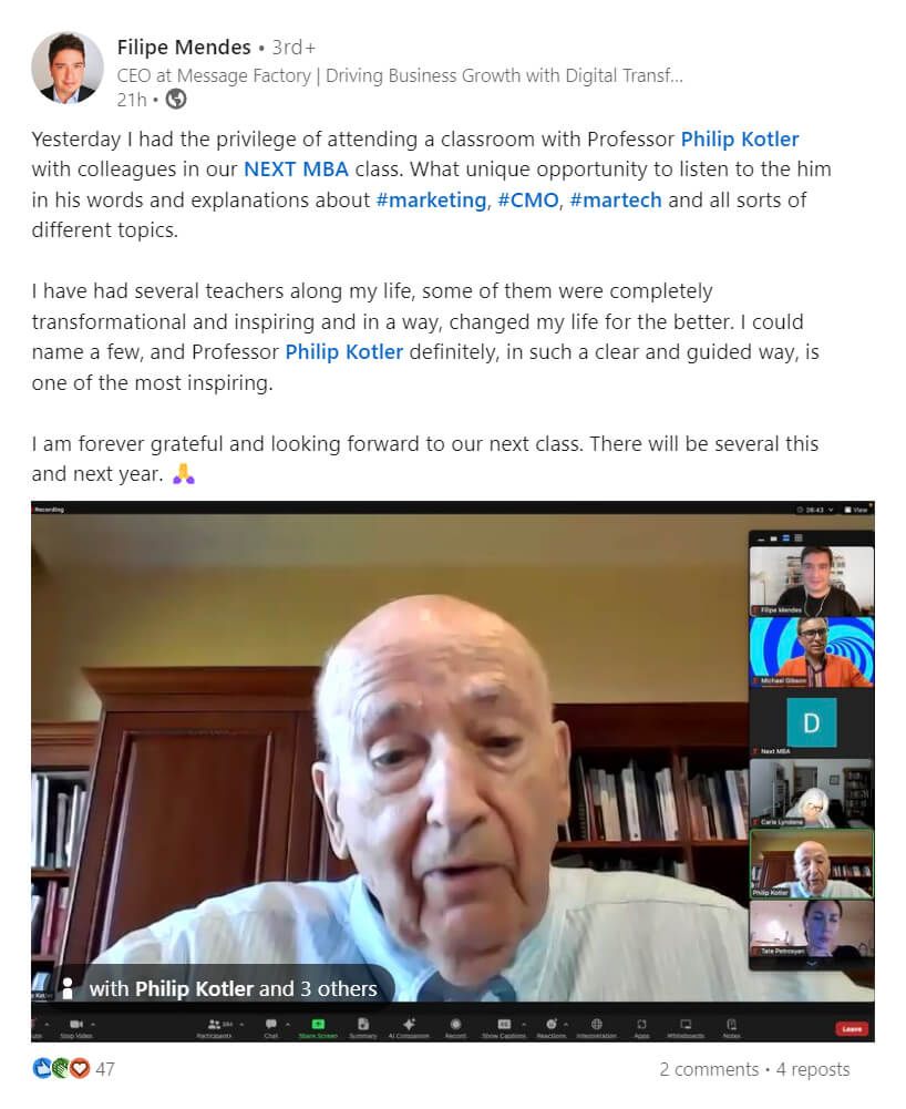 A post about an inspiring LONED class with Philip Kotler and looking forward to future sessions.