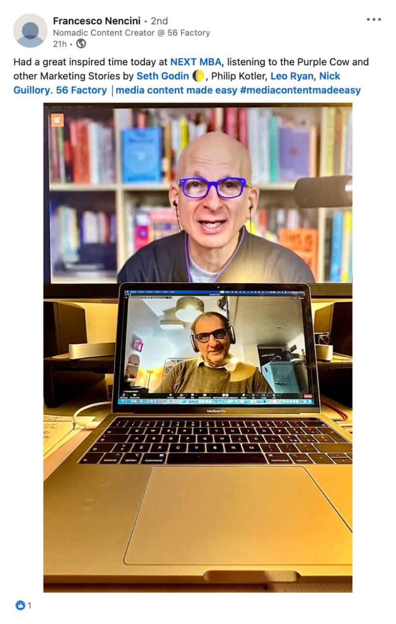 Francesco Nencini’s LinkedIn post about an inspiring LONED session, with a photo of the live class on his laptop.
