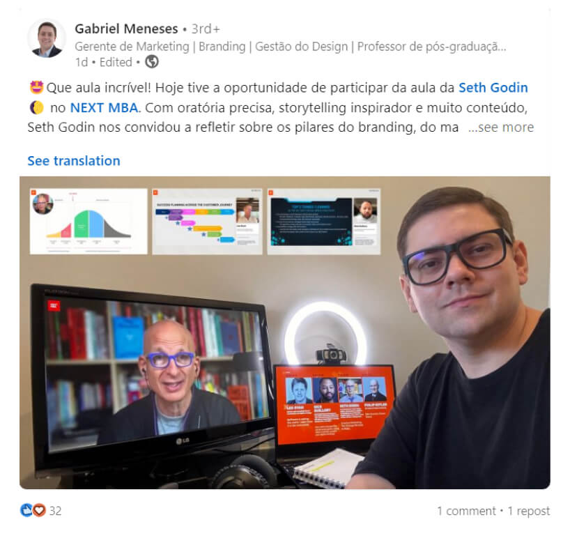 Gabriel Meneses’s LinkedIn post in Portuguese about learning with Seth Godin, alongside his photo from the session.