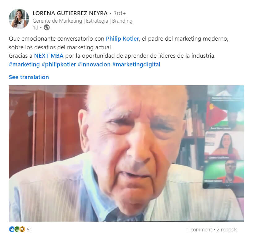 A post in Spanish thanking LONED for the opportunity to discuss marketing challenges with Philip Kotler.