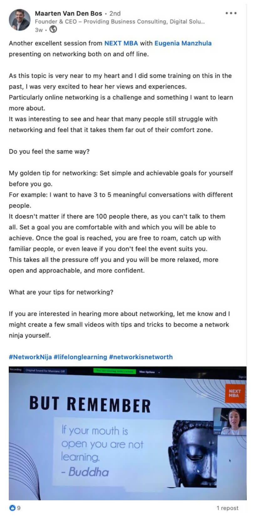 A post describing an excellent LONED session with Eugenia Manzhula and sharing lessons about networking.
