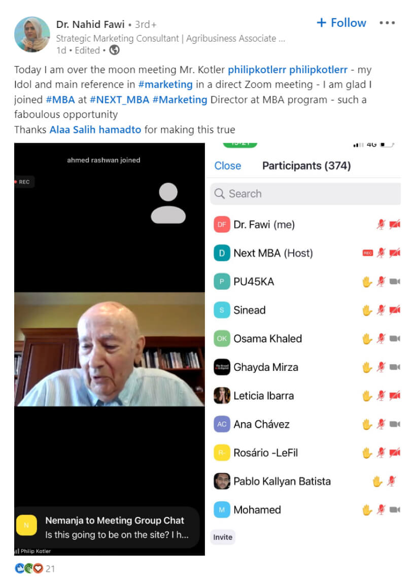 A post about the opportunity to meet Philip Kotler in a direct Zoom session through LONED.
