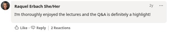 Raquel Erbach’s original LinkedIn comment praising the lectures and highlighting the Q&A.
