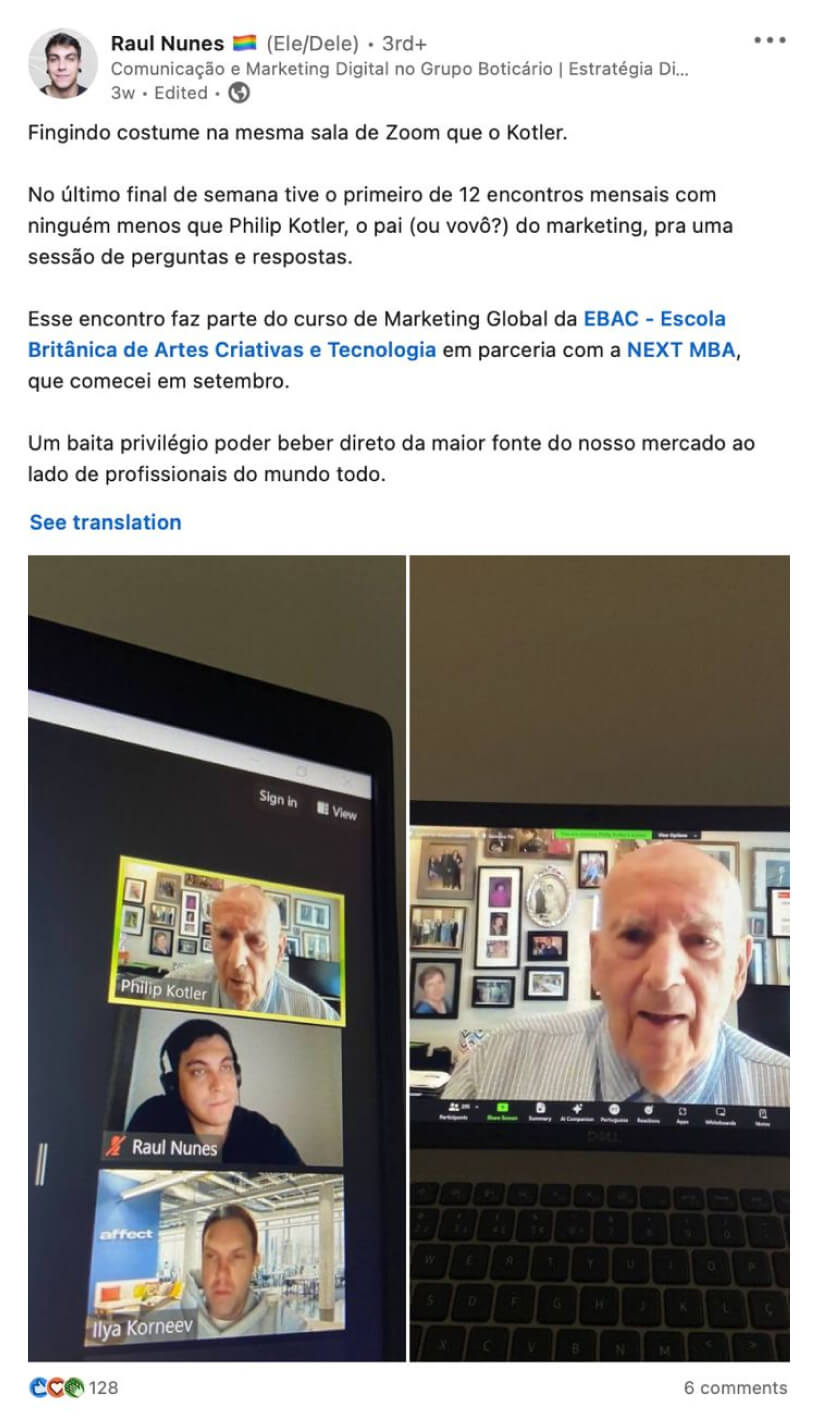 Raul Nunes’s LinkedIn post in Portuguese about a live Philip Kotler Q&A in the Global Marketing course offered by EBAC in partnership with LONED.