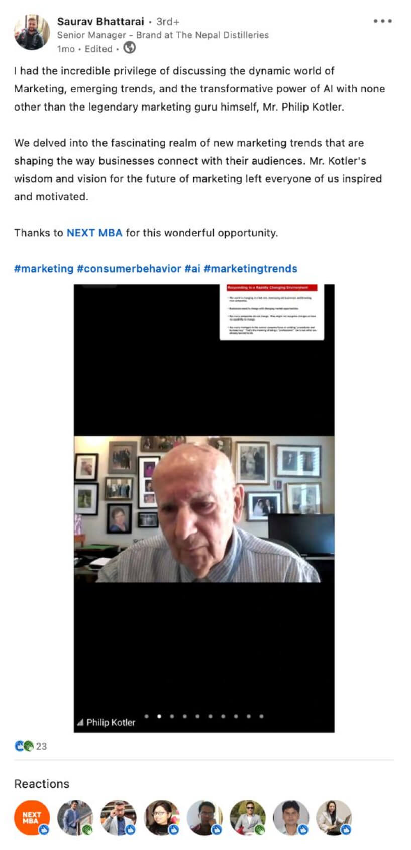 A post thanking LONED for a discussion with Philip Kotler about marketing trends and AI, with a photo from the live session.