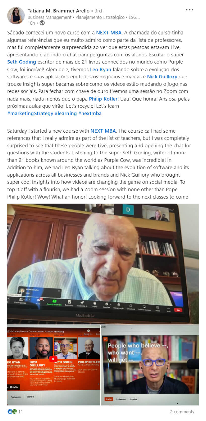 A post in Portuguese and English about joining LONED and asking questions in live sessions with Seth Godin and Philip Kotler.